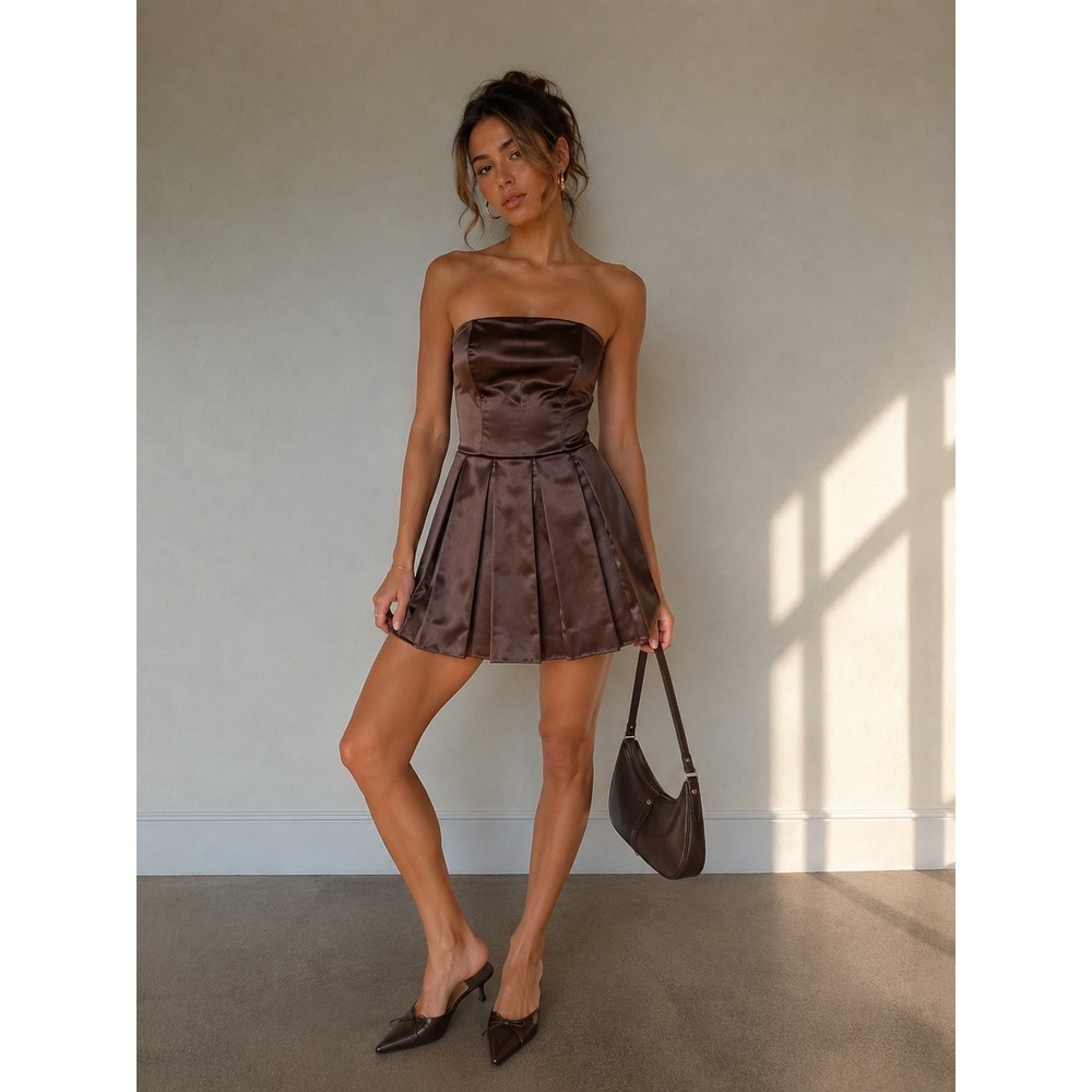 Merona Collection Brown‎ Satin Pleated Mini Dress Strapless Spaghetti Strap Sz 2